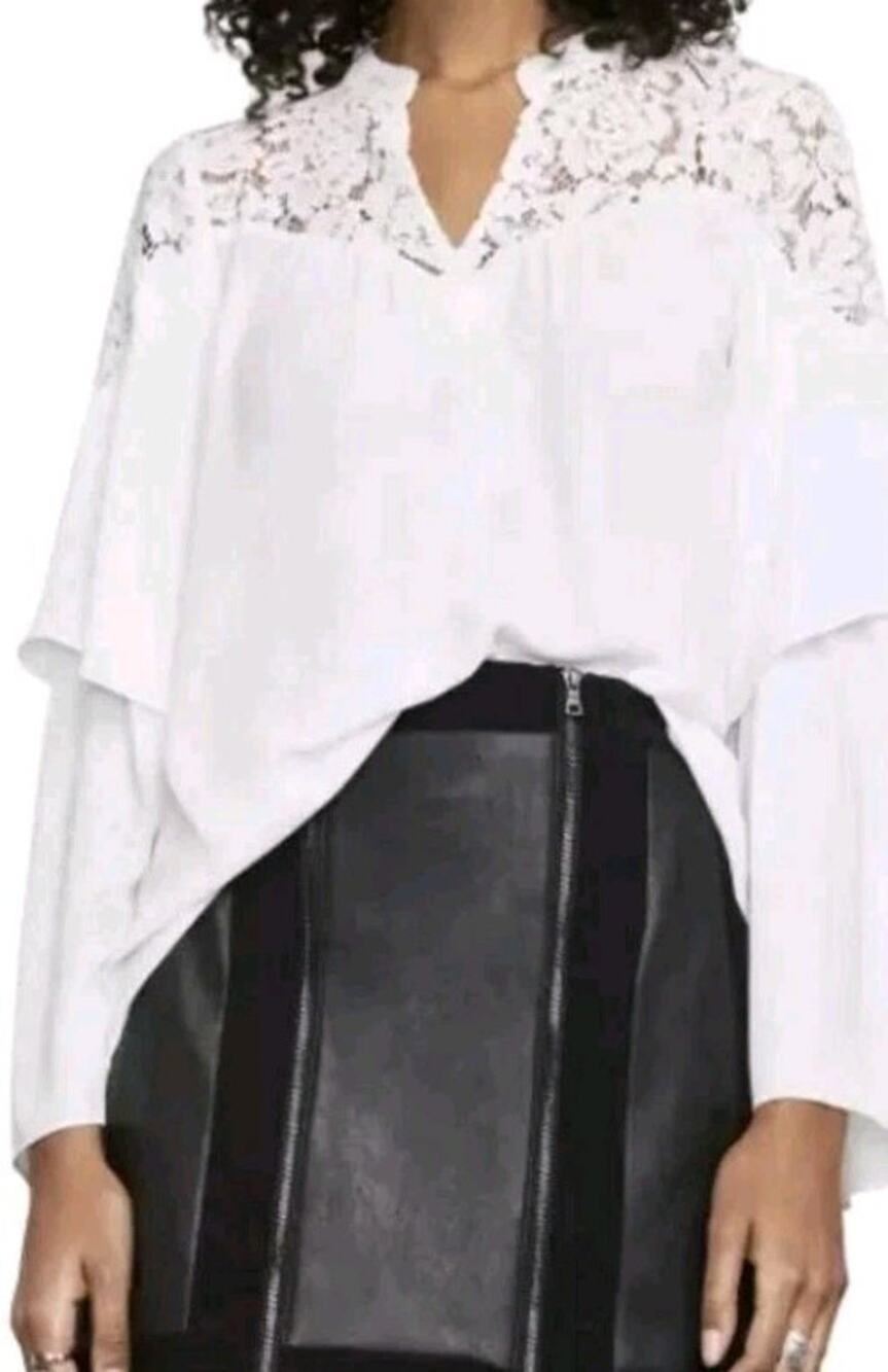 BCBG MAXAZRIA Off White Ruffled Lace Bell Sleeve Blouse Top XXS NWT MSRP $188